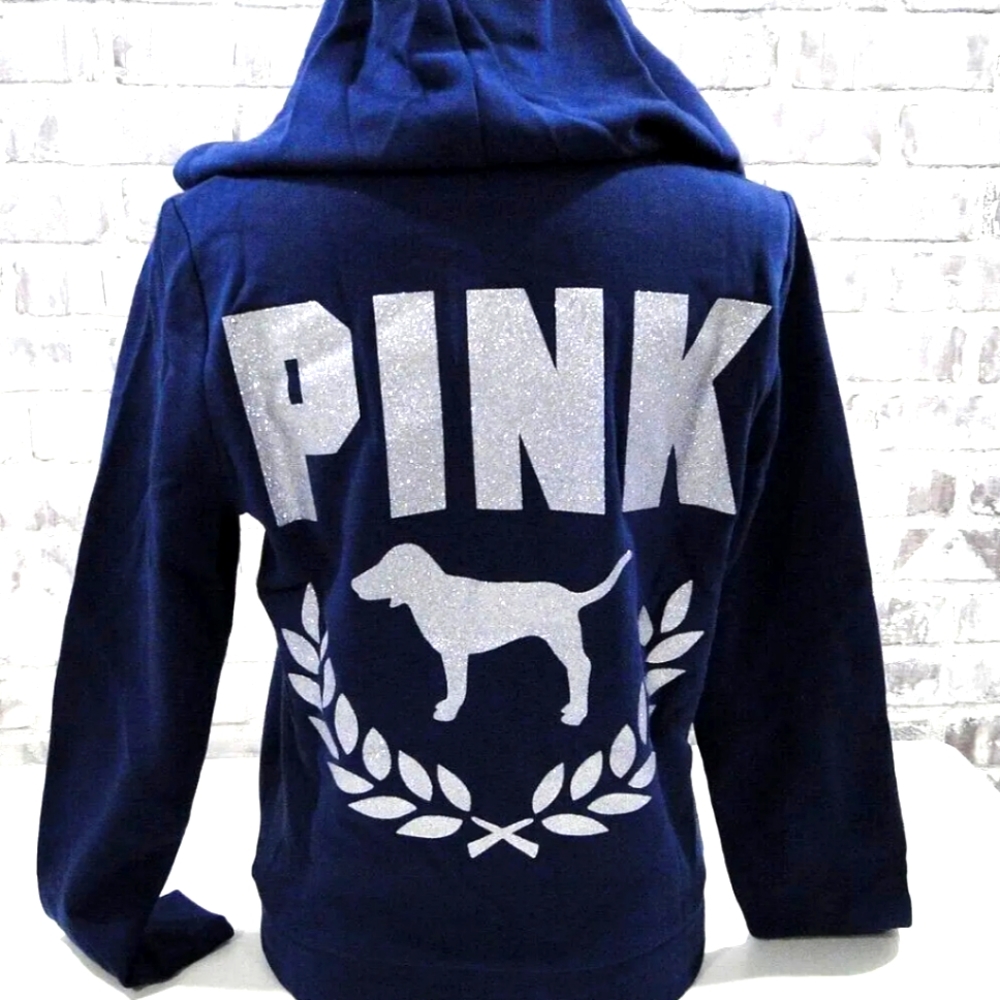 VS PINK GLITTER BLING SHiNE NAVY HOODIE SWEATSHIRT L